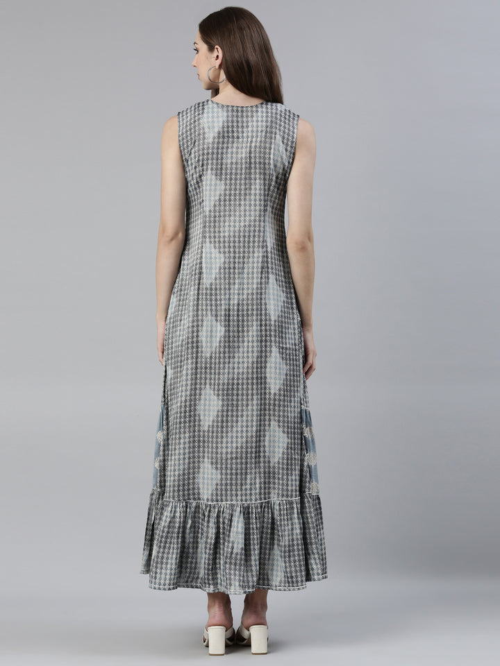 Neerus Grey viscose rayon printed A-line dress - side view
