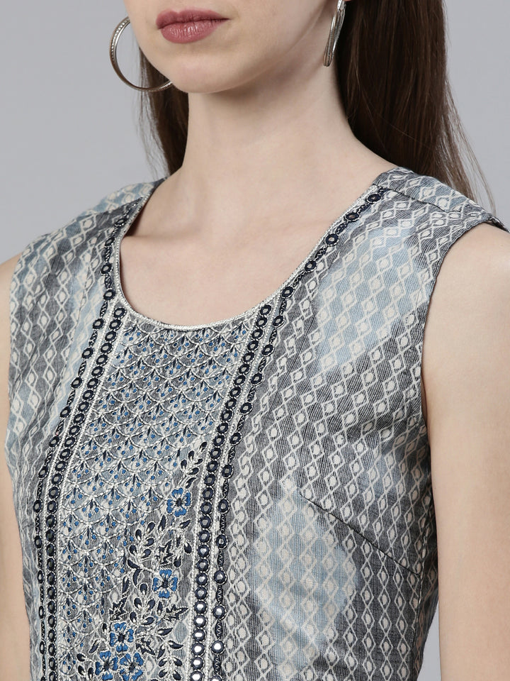 Neerus Grey viscose rayon printed A-line dress - detail view 1
