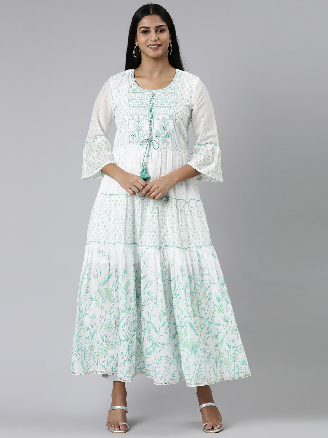 Neerus White cotton printed Anarkali kurti - front view