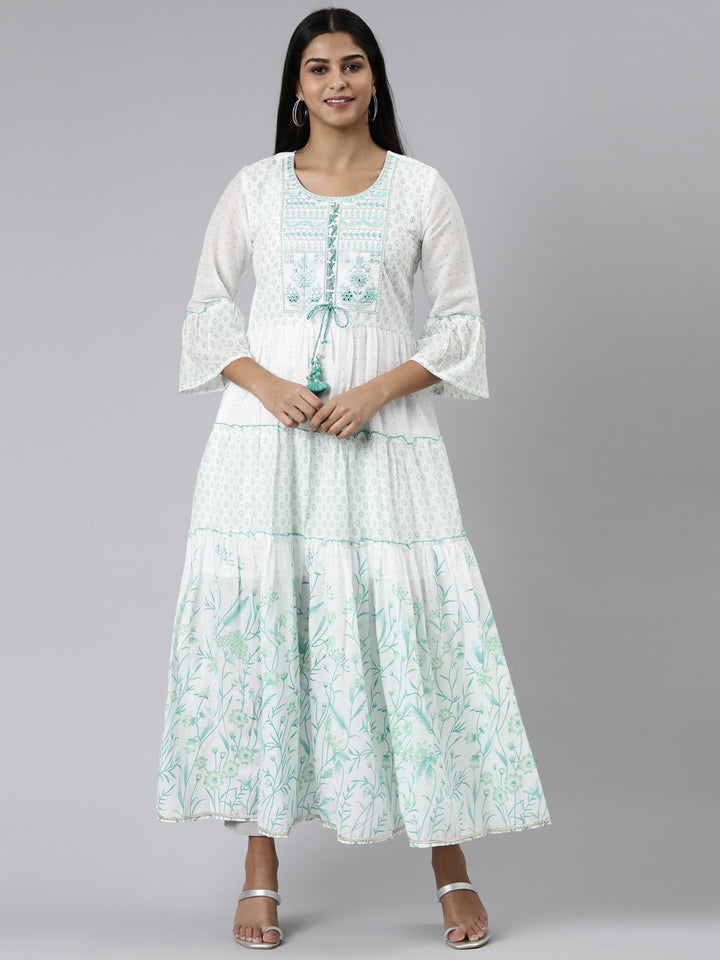 Neerus White cotton printed Anarkali kurti - front view
