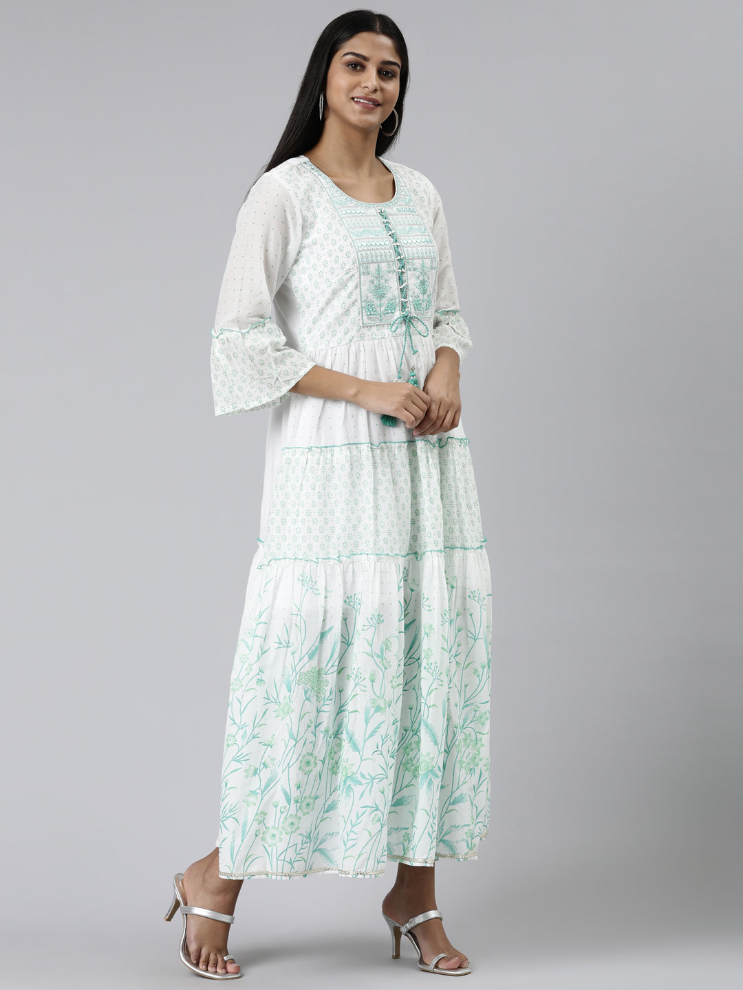 Neerus White cotton printed Anarkali kurti - back view