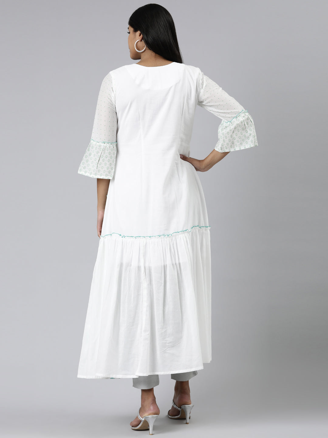 Neerus White cotton printed Anarkali kurti - side view