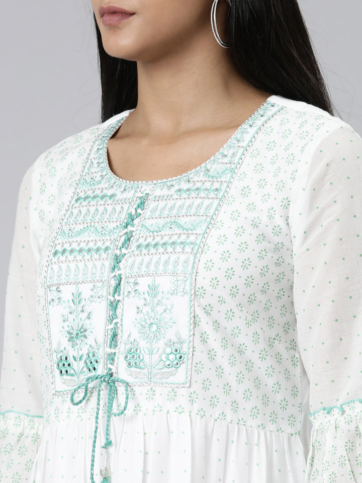Neerus White cotton printed Anarkali kurti - detail view 2