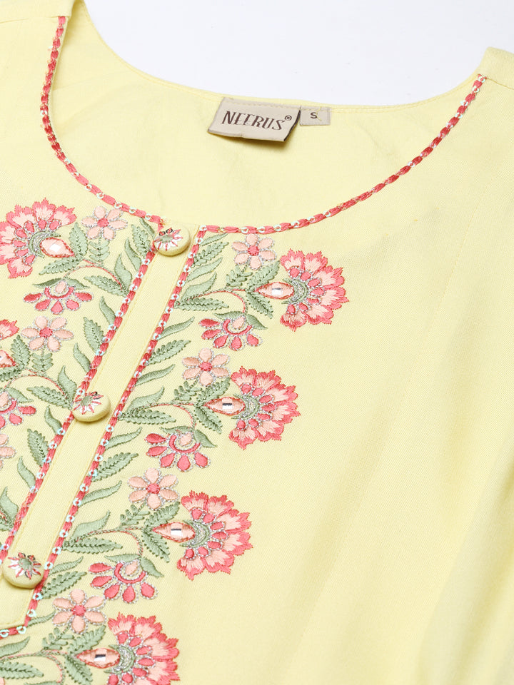 Neerus Yellow Curved Regular Viscose Rayon Kurtas