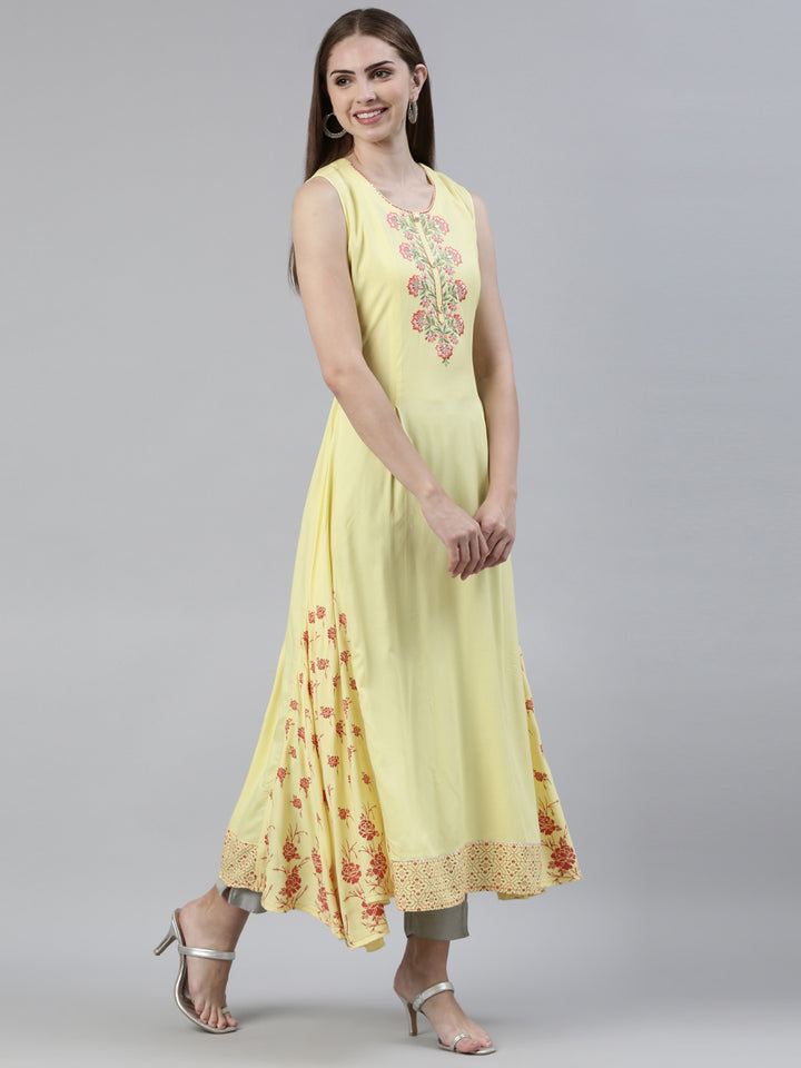Neerus Yellow Curved Regular Viscose Rayon Kurtas