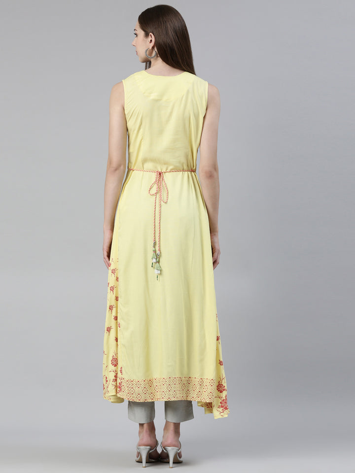Neerus Yellow Curved Regular Viscose Rayon Kurtas