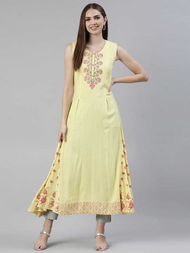 Neerus Yellow Curved Regular Viscose Rayon Kurtas