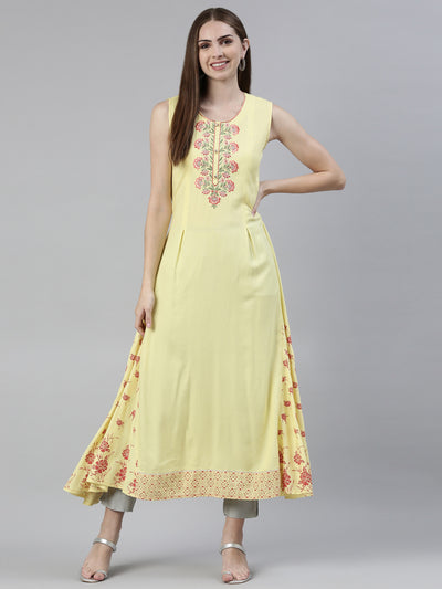 Neeru's Yellow Curved Regular Viscose Rayon Kurtas