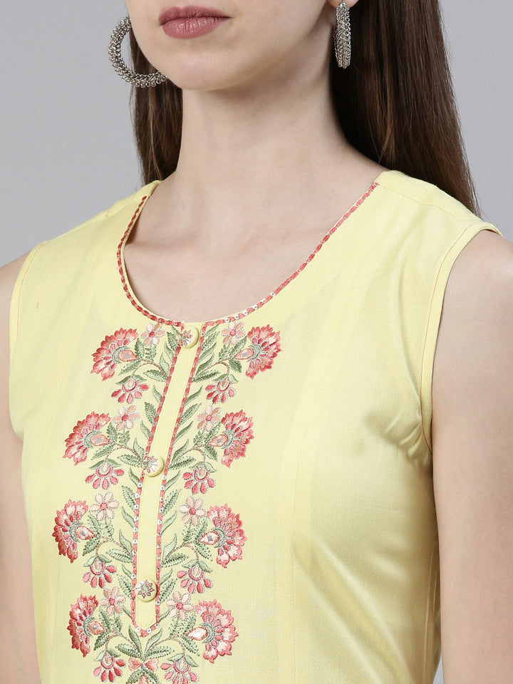 Neerus Yellow Curved Regular Viscose Rayon Kurtas