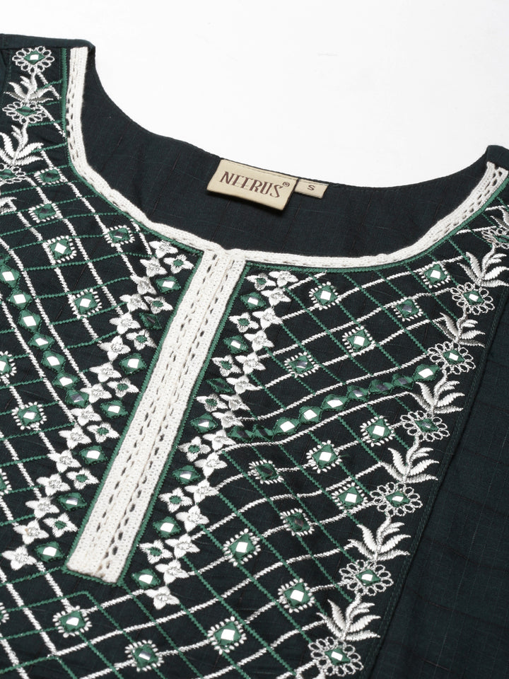 Neerus Green cotton embroidered straight kurti - detail view 3