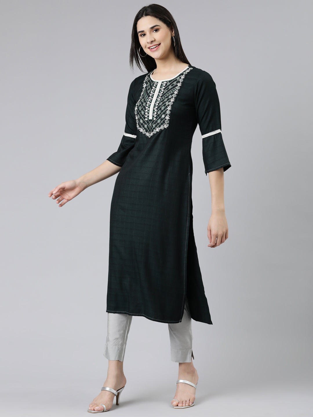 Neerus Green cotton embroidered straight kurti - back view