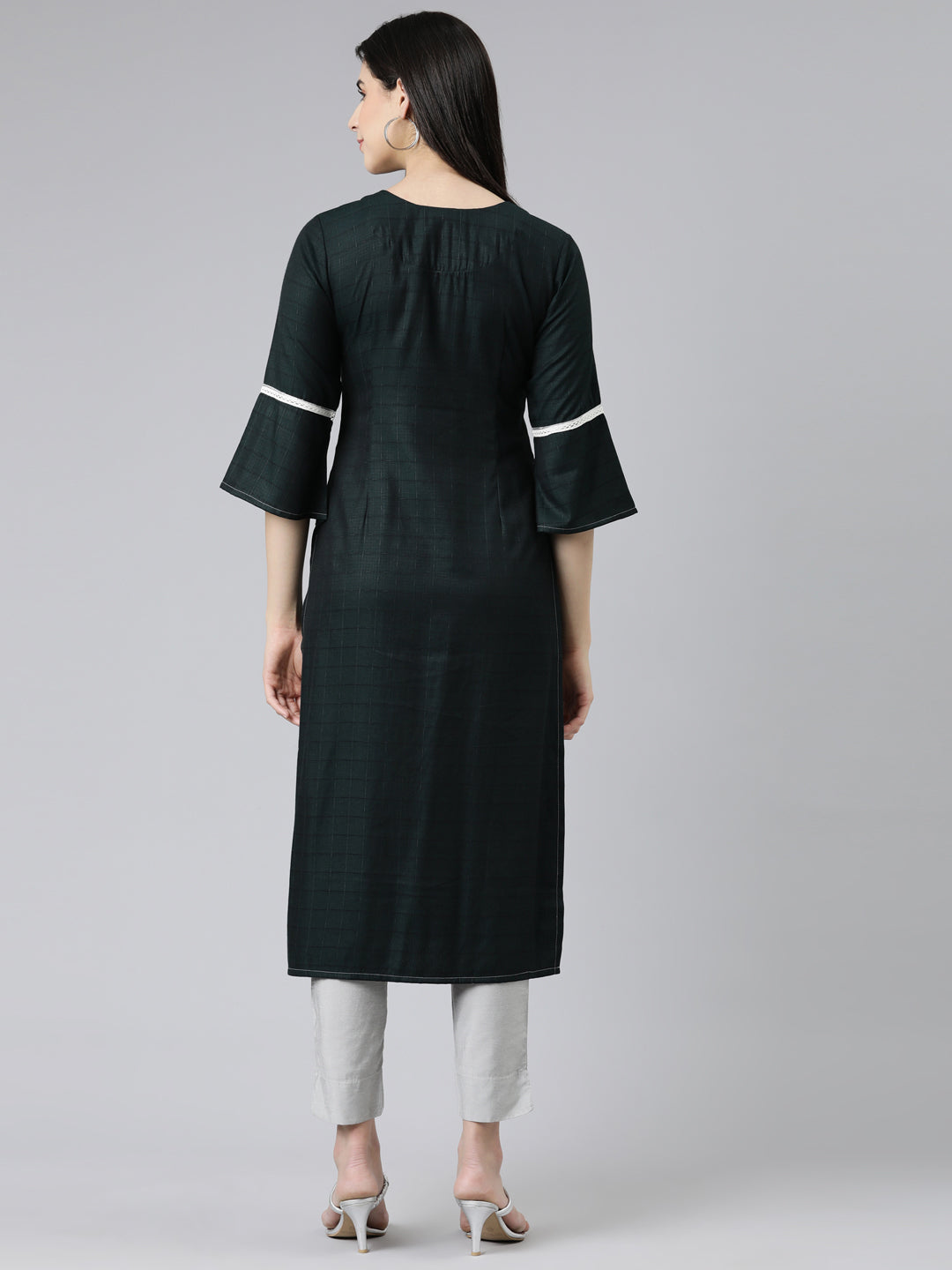Neerus Green cotton embroidered straight kurti - side view