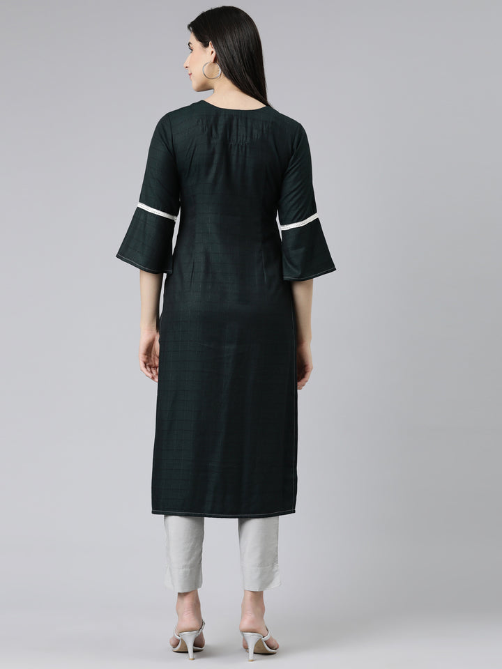 Neerus Green cotton embroidered straight kurti - side view