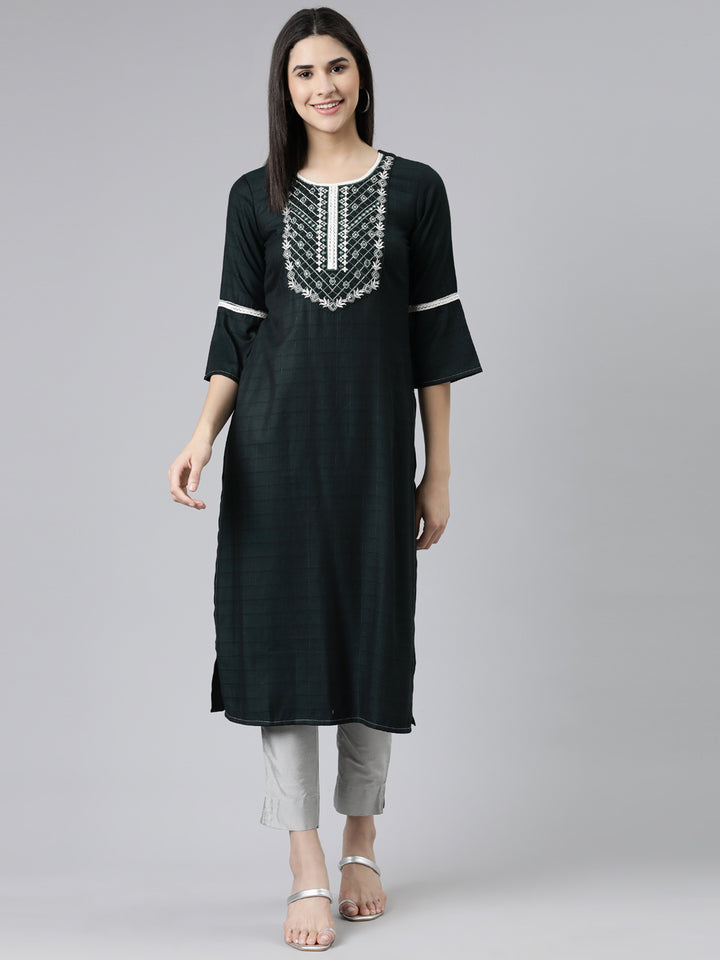 Neerus Green cotton embroidered straight kurti - front view