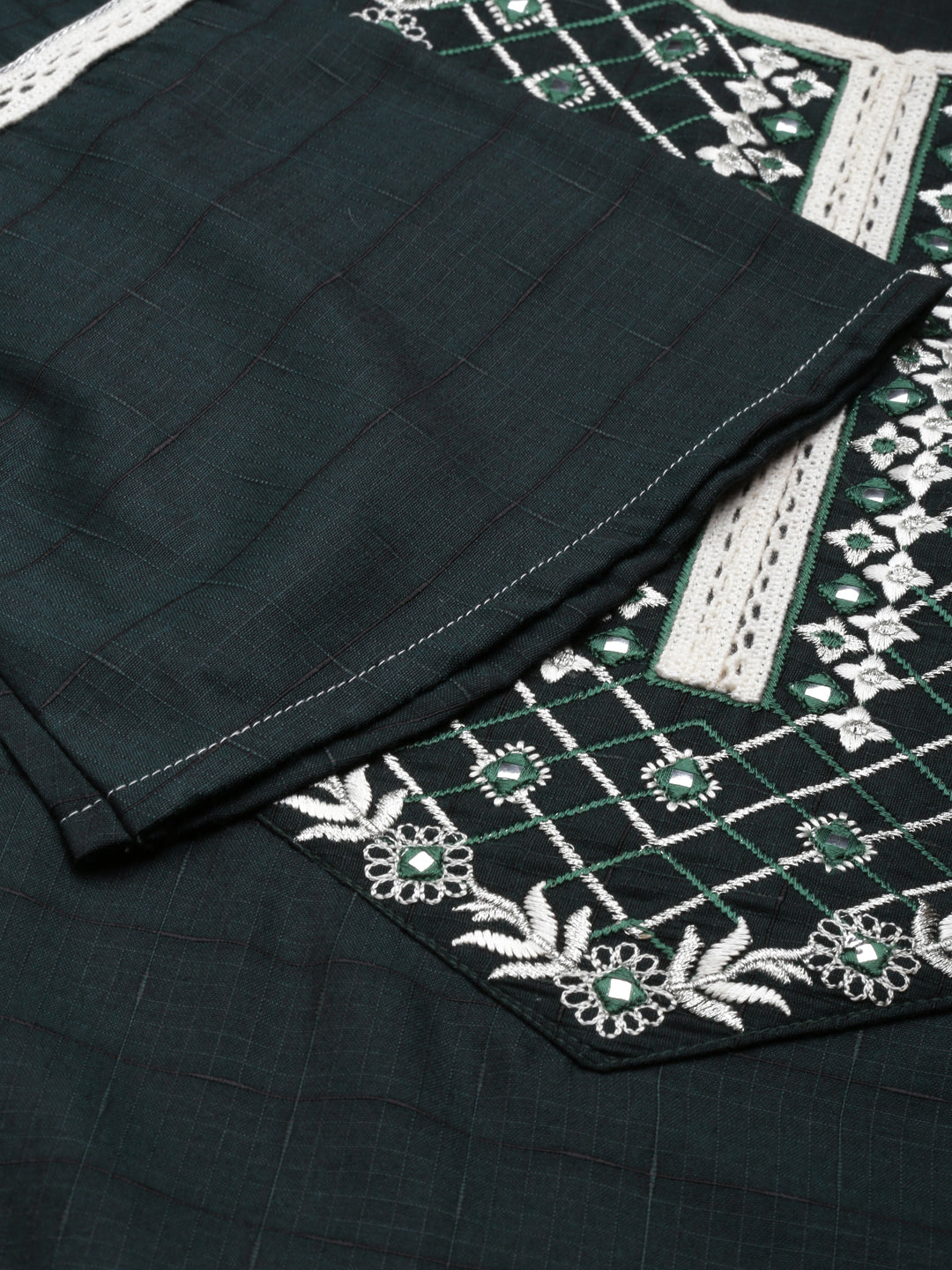 Neerus Green cotton embroidered straight kurti - detail view 2