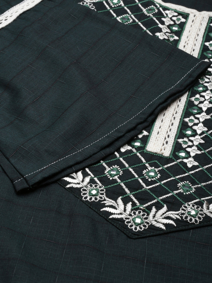 Neerus Green cotton embroidered straight kurti - detail view 2
