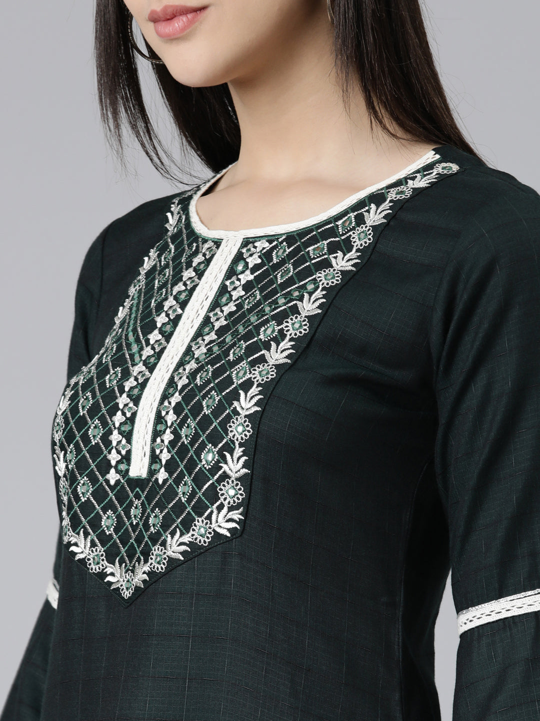 Neerus Green cotton embroidered straight kurti - detail view 1