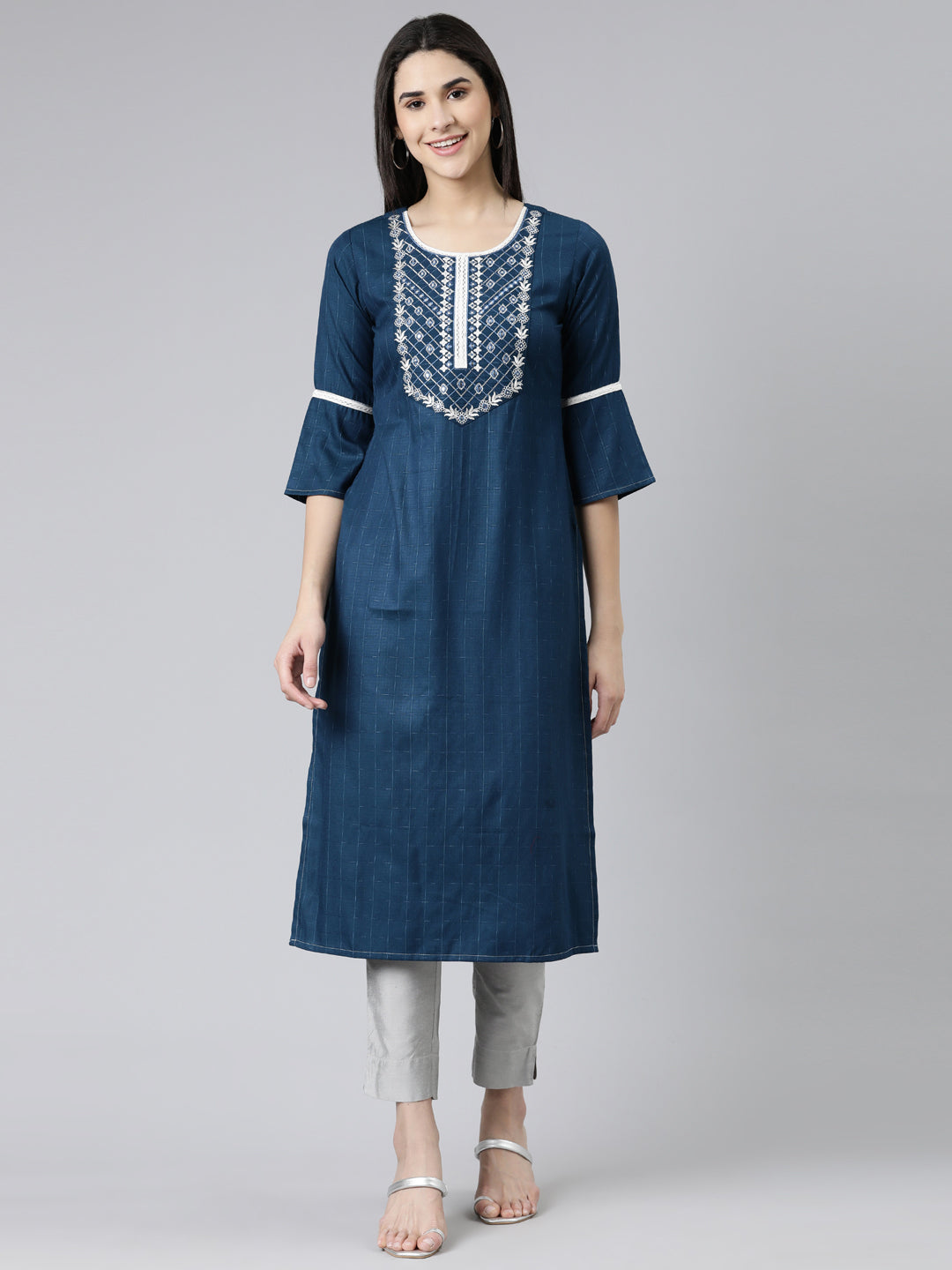 Neerus Blue slub cotton solid straight kurti - front view