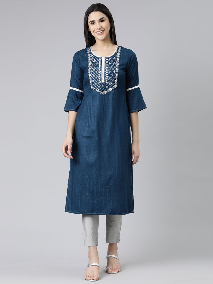 Neerus Blue slub cotton solid straight kurti - front view