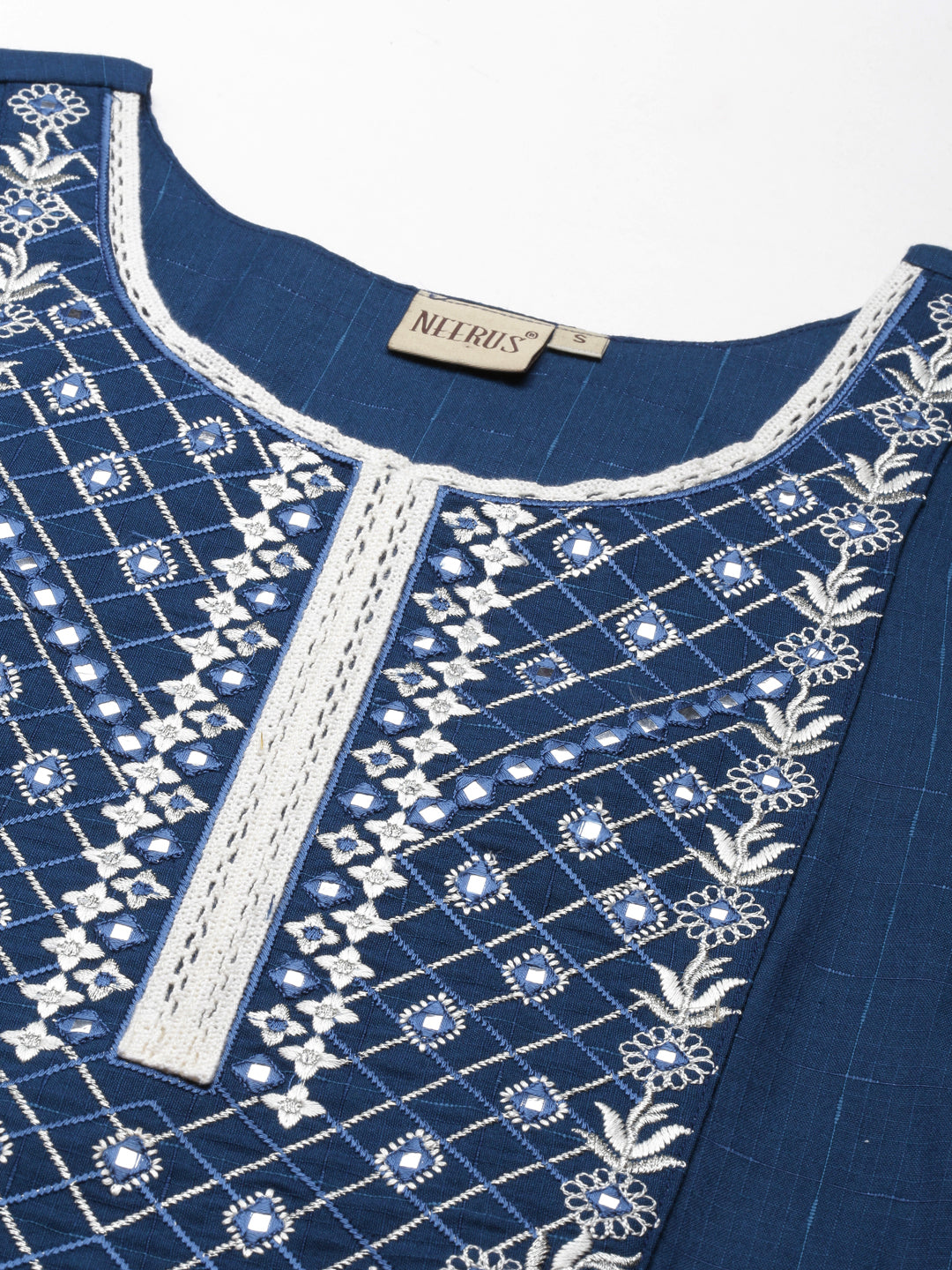 Neerus Blue slub cotton solid straight kurti - detail view 3