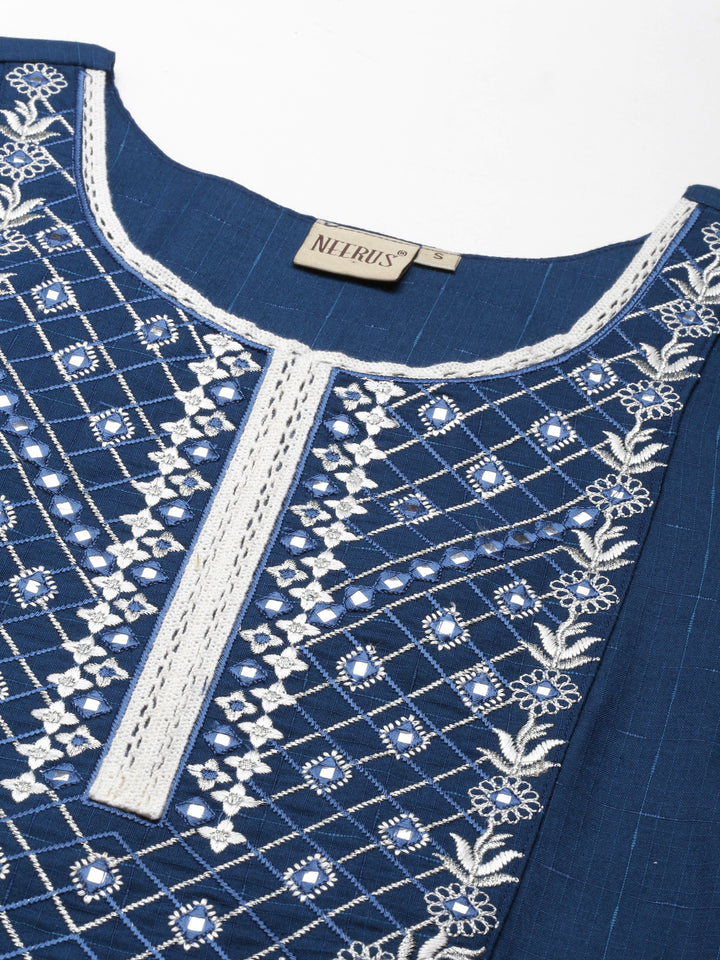 Neerus Blue slub cotton solid straight kurti - detail view 3