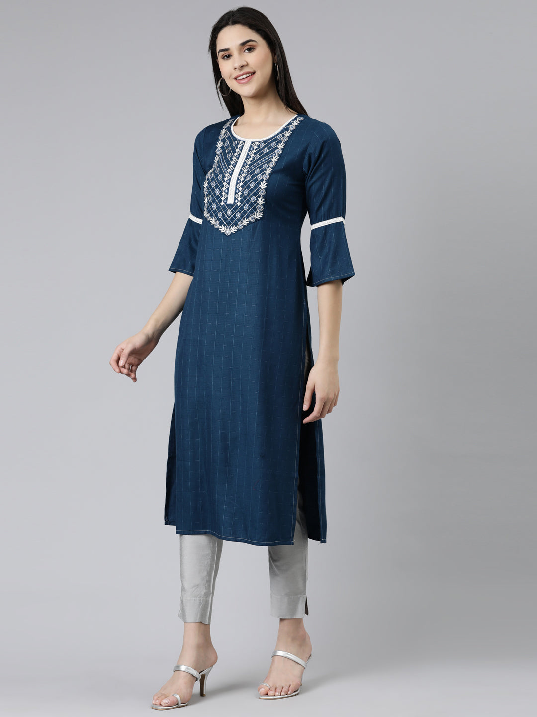 Neerus Blue slub cotton solid straight kurti - back view