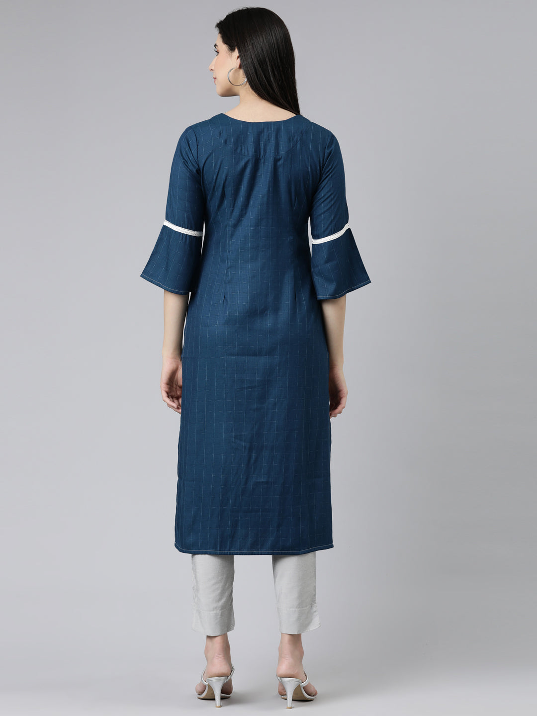 Neerus Blue slub cotton solid straight kurti - side view