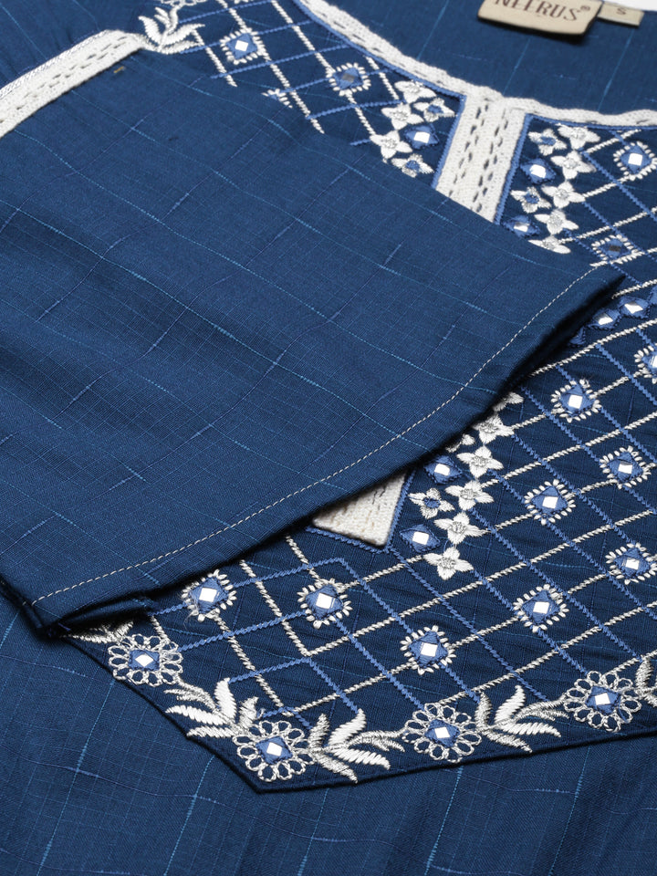 Neerus Blue slub cotton solid straight kurti - detail view 2