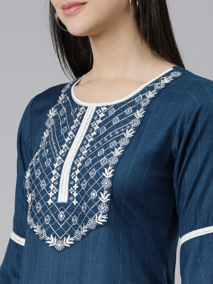 Neerus Blue slub cotton solid straight kurti - detail view 1