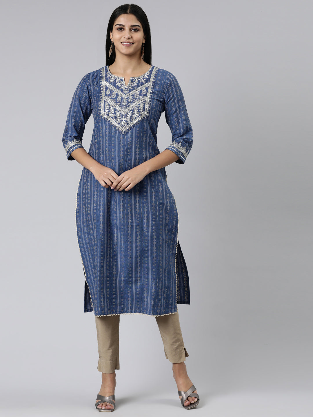 Neerus Blue Straight Printed Viscose Rayon Kurtas