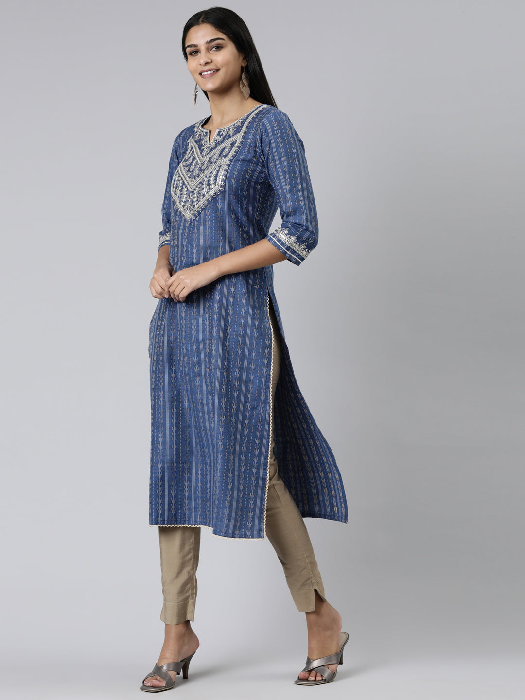 Neerus Blue Straight Printed Viscose Rayon Kurtas