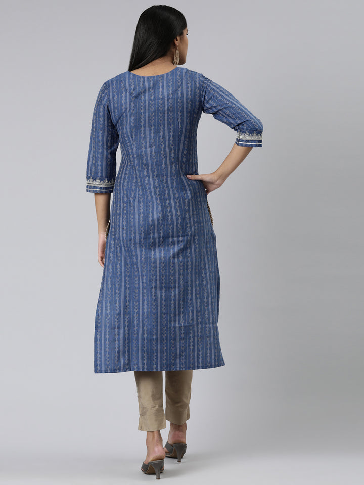 Neerus Blue Straight Printed Viscose Rayon Kurtas