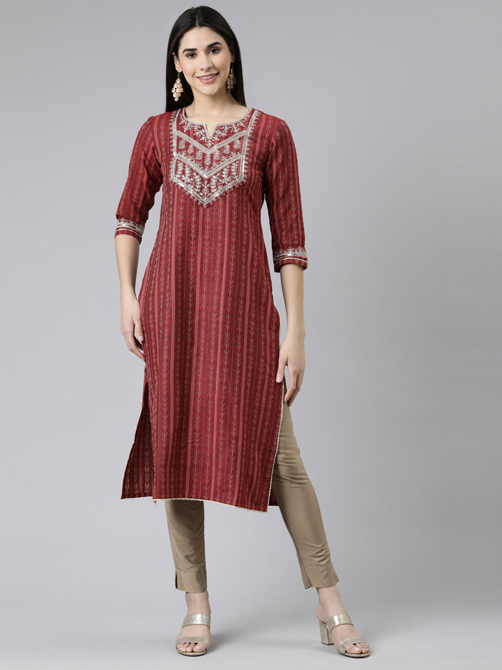Neerus Maroon Straight Solid Cotton Kurtas