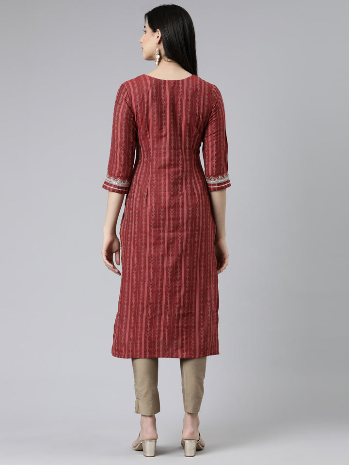 Neerus Maroon Straight Solid Cotton Kurtas