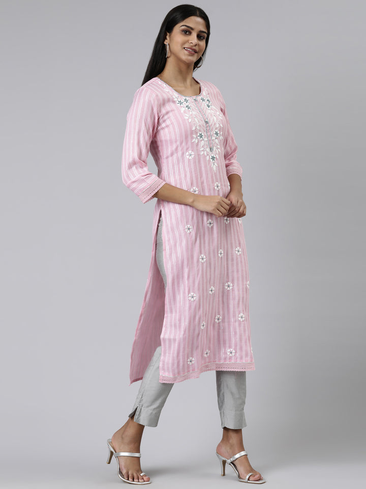 Neerus Pink Straight Printed Viscose Rayon Kurta