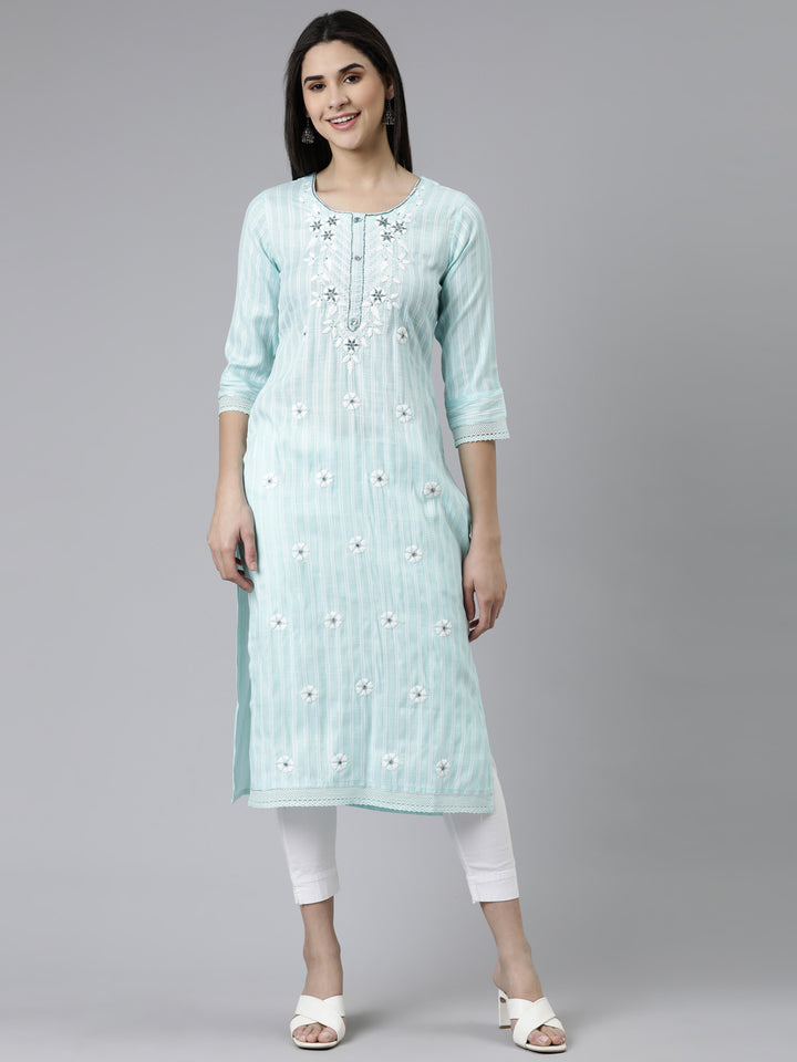 Neerus Sea Green Straight Solid Cotton Kurta