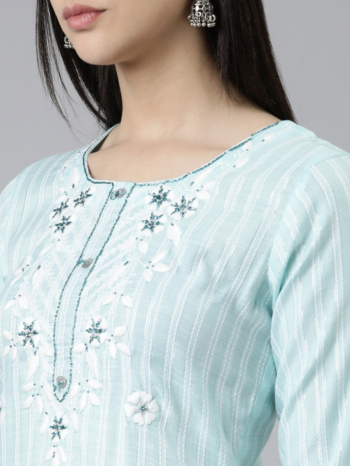 Neerus Sea Green Straight Solid Cotton Kurta