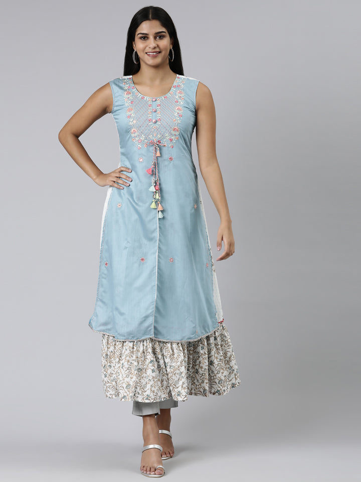 Neerus Green Straight Embroidered Raw Silk Kurta