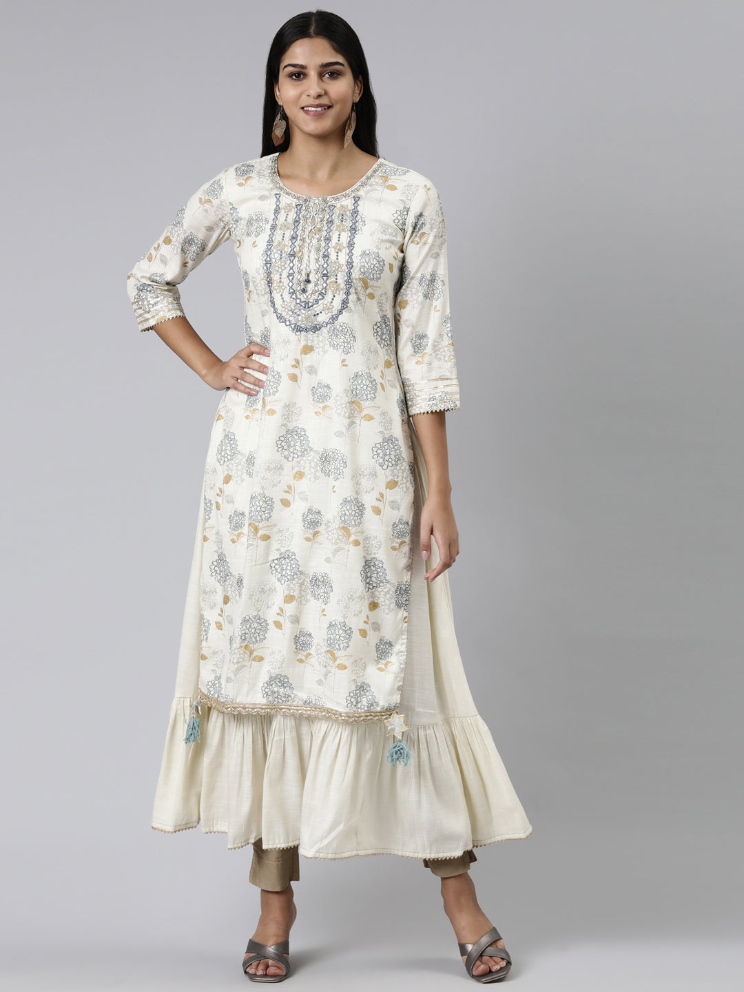 Neerus Cream Straight Printed Viscose Rayon Kurtas