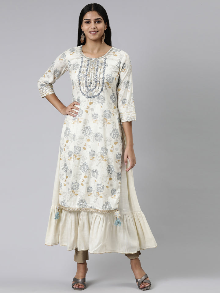 Neerus Cream Straight Printed Viscose Rayon Kurtas