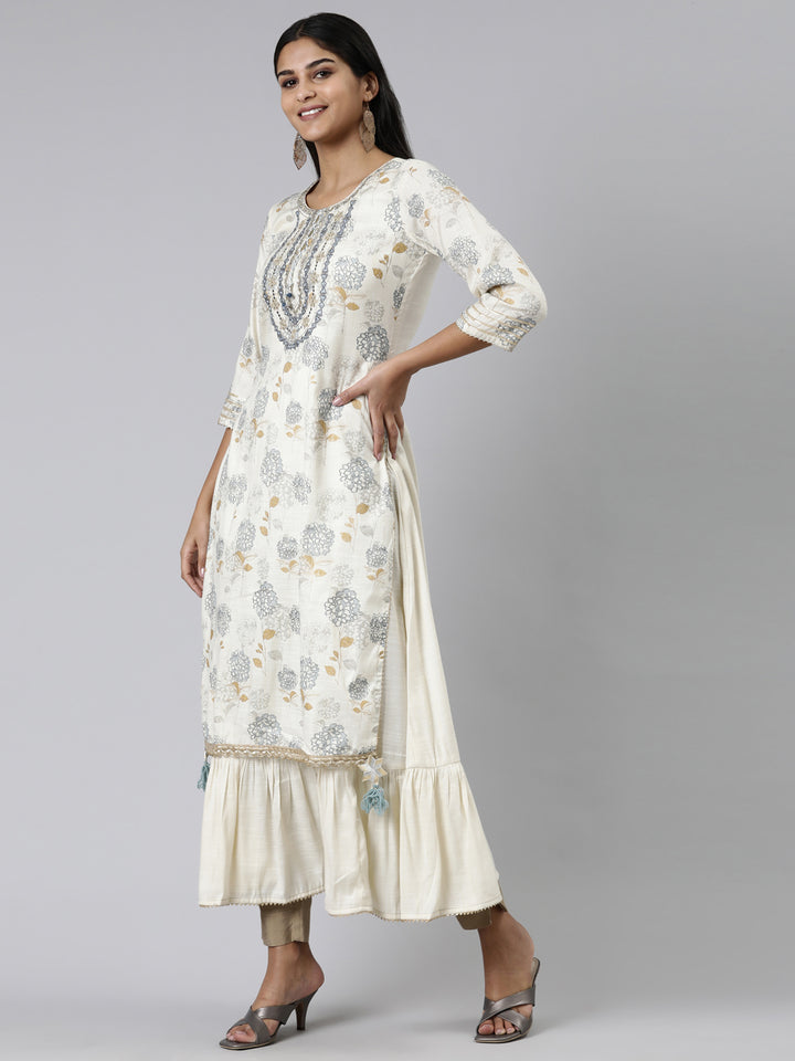 Neerus Cream Straight Printed Viscose Rayon Kurtas