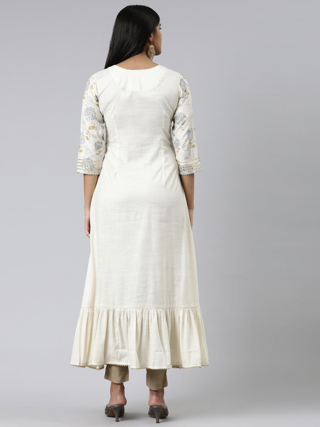 Neerus Cream Straight Printed Viscose Rayon Kurtas