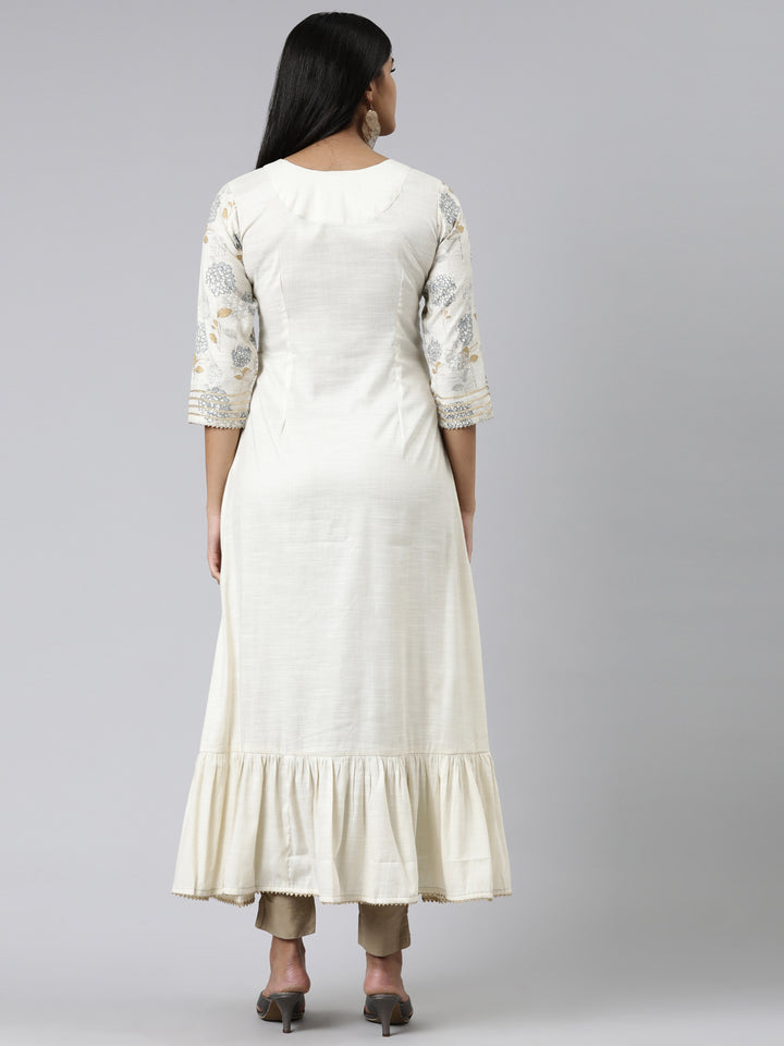 Neerus Cream Straight Printed Viscose Rayon Kurtas