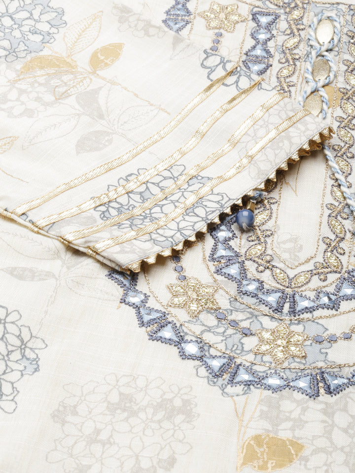 Neerus Cream Straight Printed Viscose Rayon Kurtas