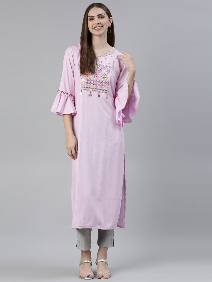 Neerus Purple Straight Regular Viscose Rayon Kurtas