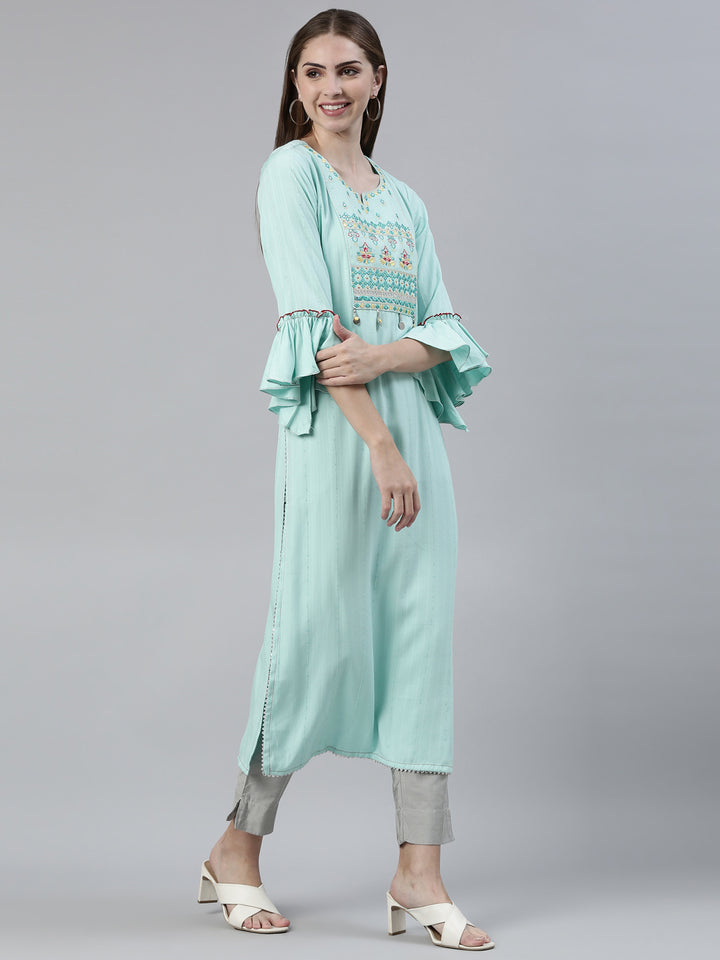 Neerus Sea Green Straight Regular Viscose Rayon Kurtas