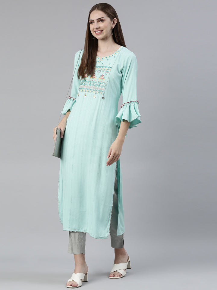 Neerus Sea Green Straight Regular Viscose Rayon Kurtas