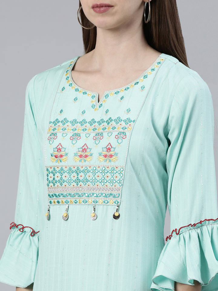 Neerus Sea Green Straight Regular Viscose Rayon Kurtas