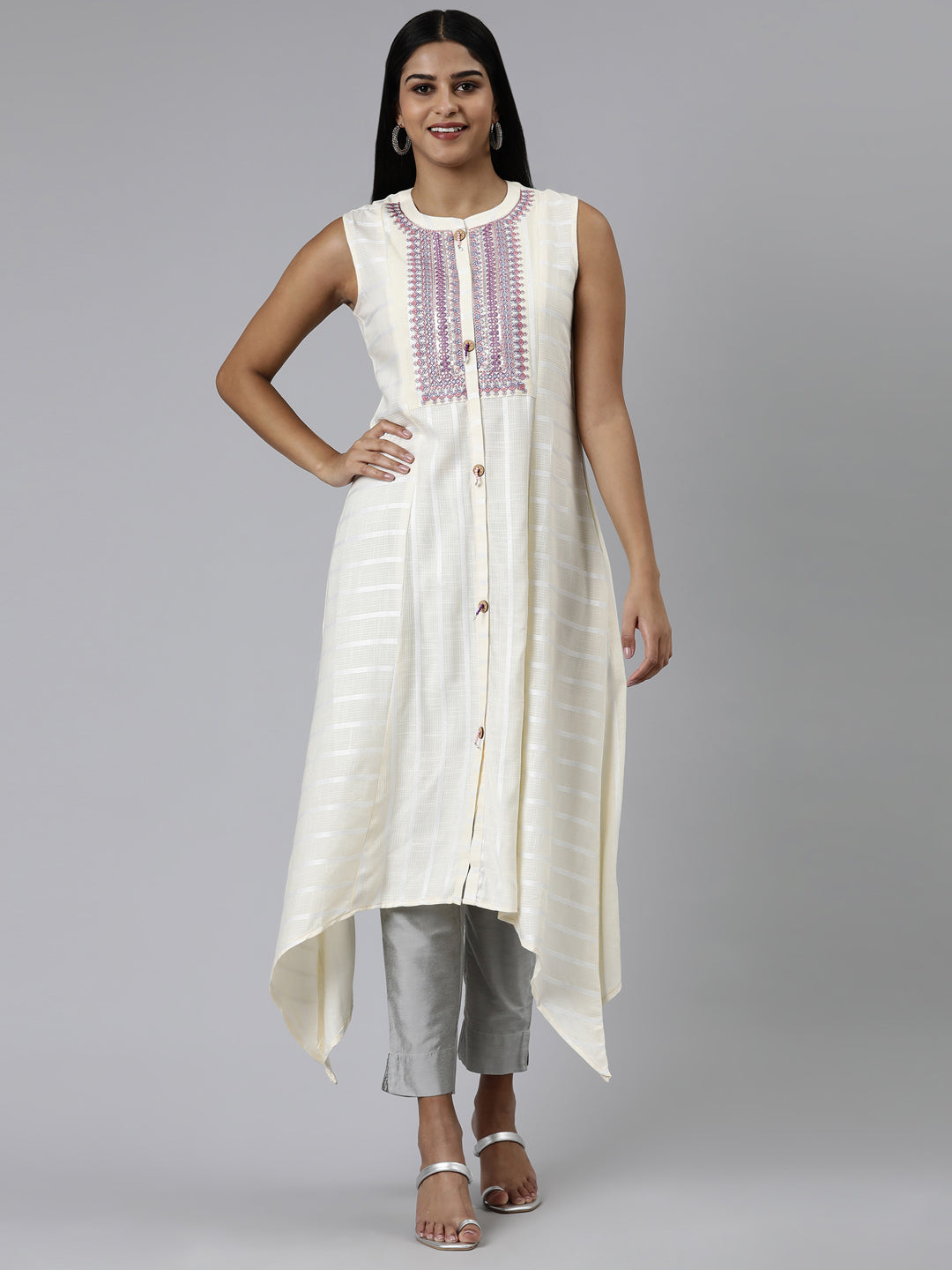 Neerus Cream Curved Embroidered Viscose Rayon Kurtas