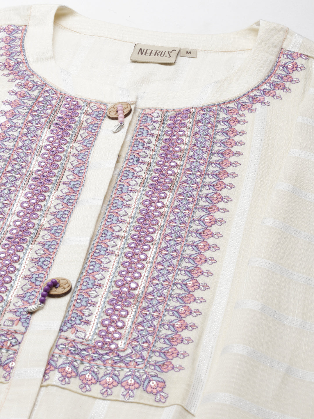 Neerus Cream Curved Embroidered Viscose Rayon Kurtas